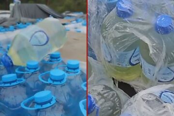 Voluntários flagram litros de água com coloração esverdeada e mal armazenados em central da Defesa Civil no RS